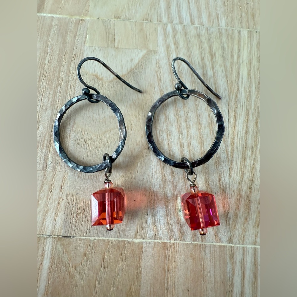 Oxidized hammered silver dangle earrings on hooks